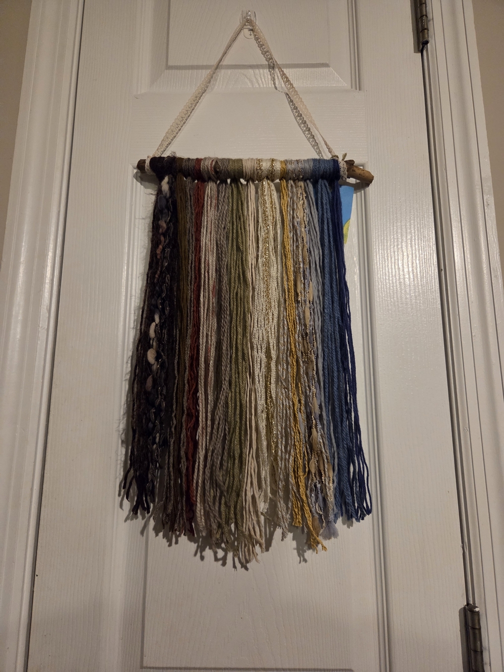 Handmade upcycled yarn tapestry wall art hanging driftwood & lace neutral toned